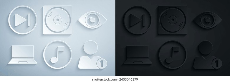 Indique nota musical, tono, ojo, portátil, Añadir amigo, disco de vinilo e icono Avanzar rápido. Vector