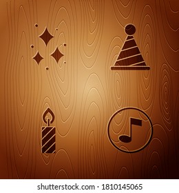 Set Music note, tone, Firework, Birthday cake candles and Party hat on wooden background. Vector