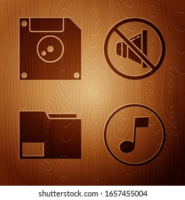 Set Music note, tone, Floppy disk for computer data storage, Document folder and Speaker mute on wooden background. Vector