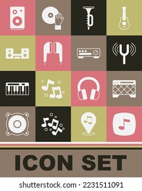 Set Music note, tone, Guitar amplifier, Musical tuning fork, Trumpet, Air headphones, Home stereo with two speakers, Stereo and Sound mixer controller icon. Vector