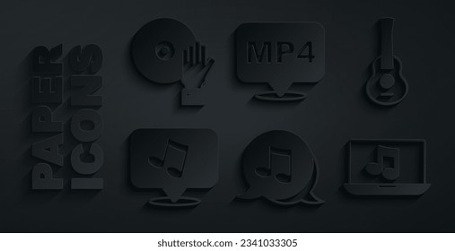 Set Music note, tone, Guitar, Laptop with music, MP4 file document and DJ playing icon. Vector
