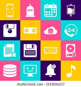 Set Music note, tone, Hard disk drive HDD sync refresh, Telephone 24 hours support, Calendar, Stereo speaker and Floppy icon. Vector