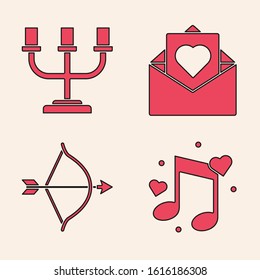 Set Music note, tone with hearts, Candlestick, Envelope with Valentine heart and Bow and arrow icon. Vector