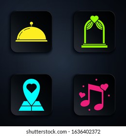 Set Music note, tone with hearts, Covered with a tray of food, Map pointer with heart and Wedding arch. Black square button. Vector