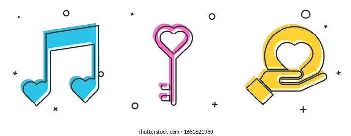 Set Music note, tone with hearts, Key in heart shape and Heart on hand icon. Vector