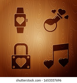 Set Music note, tone with hearts, Heart in the center wrist watch, Lock and heart and Bottle with love potion on wooden background. Vector