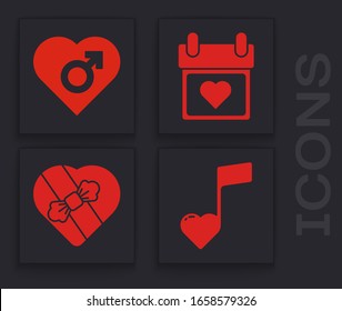 Set Music note, tone with hearts, Heart with male gender, Calendar with heart and Candy in heart shaped box icon. Vector