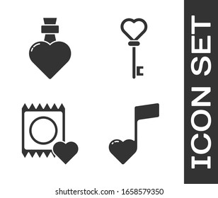 Set Music note, tone with hearts, Bottle with love potion, Condom in package and Key in heart shape icon. Vector