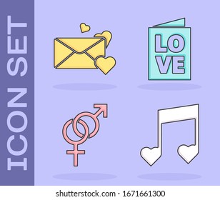 Set Music note, tone with hearts, Envelope with heart, Gender and Valentines day party flyer icon. Vector