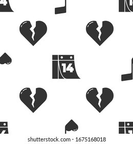 Establecer nota musical, tono con corazones, Calendario con 14 de febrero y corazón roto o divorcio en un patrón sin fisuras. Vector