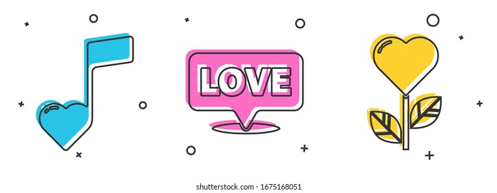 Set Music note, tone with hearts, Speech bubble with text love and Heart shape in a flower icon. Vector