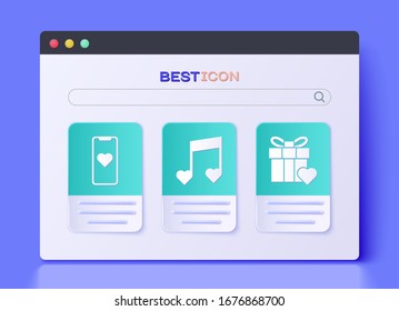 Set Music note, tone with hearts, Mobile phone with heart and Gift box and heart icon. Vector