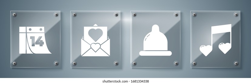 Establecer nota musical, tono con corazones, condón, sobre con corazón y calendario de San Valentín con 14 de febrero. Paneles de vidrio cuadrado. Vector