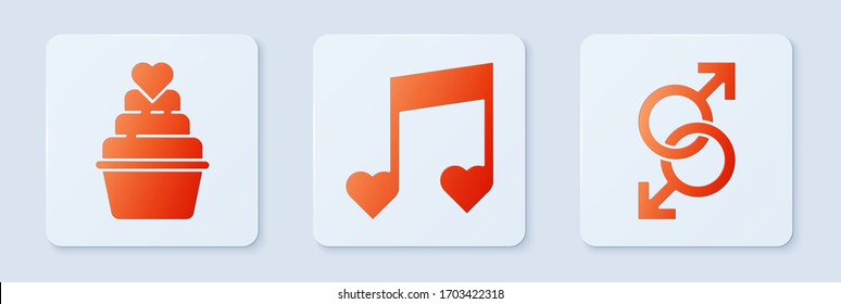 Establecer nota musical, tono con corazones, pastel de boda con corazón y símbolo de género masculino. Botón cuadrado blanco. Vector