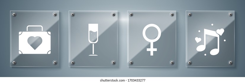 Set Music note, tone with hearts, Female gender symbol, Glass of champagne and Suitcase for travel with heart. Square glass panels. Vector
