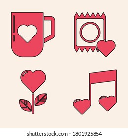 Fijar nota musical, tono con corazones, taza de café y corazón, Condón en paquete y forma de corazón en un ícono de flor. Vector