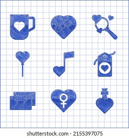 Fijar nota musical, tono con corazones, género femenino de corazón, poción de amor de botella, etiqueta, sobre Valentín, forma de globos, búsqueda y icono de la taza de café. Vector