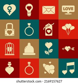 Set Music note, tone with hearts, Amour and arrow, Balloons in form of, Envelope Valentine, Wedding rings, Lock, Heart female gender and tag icon. Vector