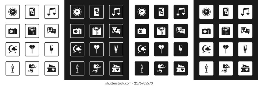 Set Music note, tone with hearts, Suit, Photo camera, Clock, Heart in speech bubble, Mobile, Ice cream and Moon and stars icon. Vector