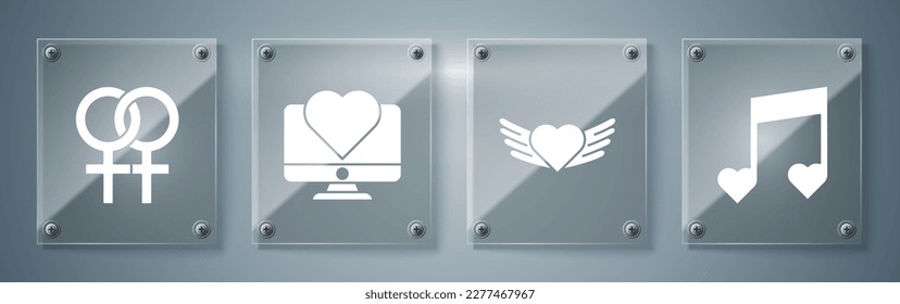 Set Music note, tone with hearts, Heart with wings, Computer monitor with heart and Female gender symbol. Square glass panels. Vector
