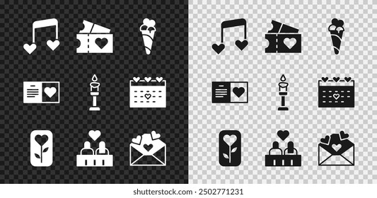 Set Music note, tone with hearts, Love ticket, Ice cream in waffle cone, Flower rose, Couple love, Envelope Valentine, Valentines day party flyer and Burning candle icon. Vector