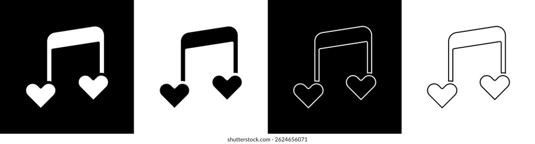 Set Music note, tone with hearts icon isolated on black and white background. Valentines day.  Vector