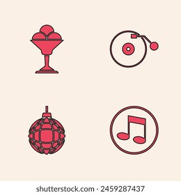 Set Music note, tone, Ice cream in bowl, Vinyl player with disk and Disco ball icon. Vector