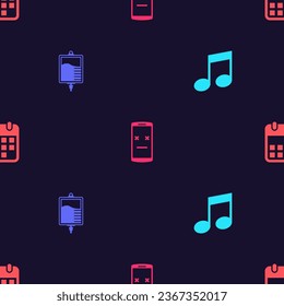 Set Music note, tone, IV bag, Dead mobile and Calendar on seamless pattern. Vector
