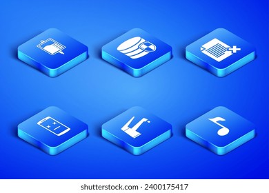 Set Music note, tone, IV bag, Water tap, Dead mobile, Database protection and Delete file document icon. Vector
