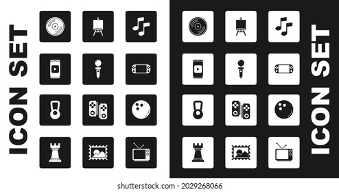 Set Music note, tone, Joystick for arcade machine, Online play video, Vinyl disk, Portable game console, Easel painting art boards, Bowling ball and Kettlebell icon. Vector