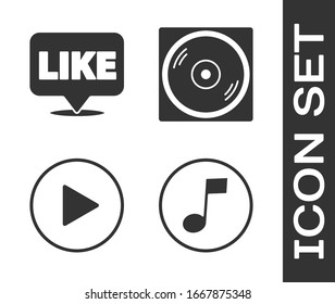 Set Music Note, Ton, Wie in Sprache Blase, Play in Kreis und Vinyl Disk Symbol. Vektorillustration