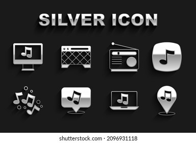 Set Music note, tone, Location musical, Laptop with, Radio, Computer and Guitar amplifier icon. Vector