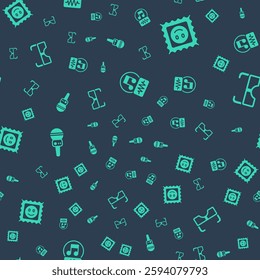Set Music note, tone, LSD acid mark, Microphone and Glasses on seamless pattern. Vector