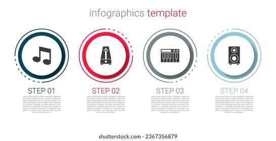 Set Music note, tone, Metronome with pendulum, synthesizer and Stereo speaker. Business infographic template. Vector