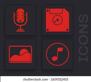 Set Music note, tone, Microphone, Floppy disk for computer data storage and Picture landscape icon. Vector