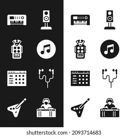 Set Music note, tone, Microphone, synthesizer, Stereo speaker, Drum machine, Air headphones, DJ playing music and Electric bass guitar icon. Vector