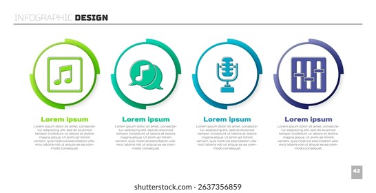 Set Music note, tone, Musical note in speech bubble, Microphone and Sound mixer controller. Business infographic template. Vector