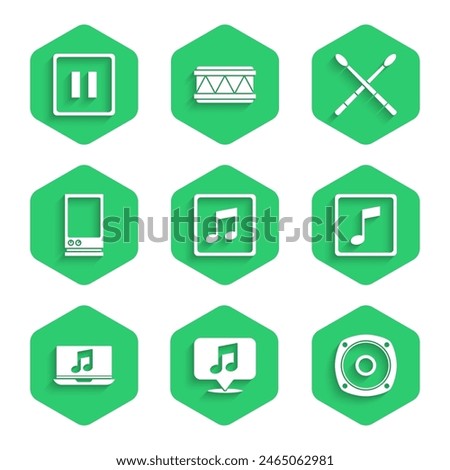 Set Music note, tone, Musical in speech bubble, Stereo speaker, Laptop with music, Voice assistant, Drum sticks and Pause button icon. Vector