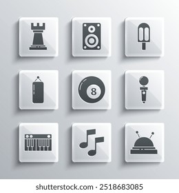 Set Music note, tone, Needle bed and needles, Joystick for arcade machine, Billiard pool snooker ball, synthesizer, Punching bag, Business strategy and Ice cream icon. Vector