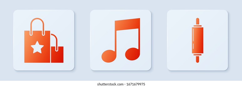 Ajuste nota musical, tono, bolsa de compra de papel y rodillo. Botón cuadrado blanco. Vector