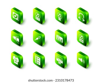 Set Music note, tone, Pause button, Headphones, Speaker volume, synthesizer, wave equalizer and playlist icon. Vector