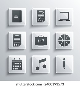Set Music note, tone, Pencil with eraser, Basketball ball, Chalkboard, Calendar, Exam sheet A plus grade, Spiral notebook and Laptop icon. Vector