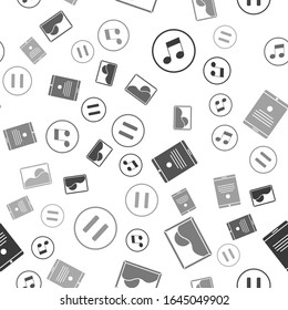 Set Music note, tone, Picture landscape, Tablet and Pause button on seamless pattern. Vector