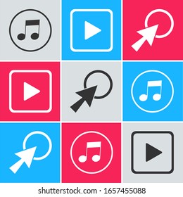 Set Music note, tone, Play in square and Arrow cursor icon. Vector