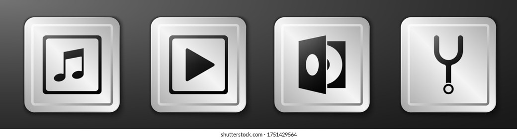 Set Music note, tone, Play in square, Vinyl player with a vinyl disk and Musical tuning fork icon. Silver square button. Vector