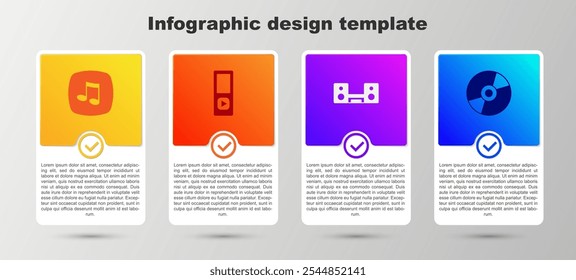 Set Music note, tone, player, Home stereo with two speakers and Vinyl disk. Business infographic template. Vector