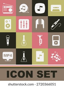 Set Music note, tone, player, Audio jack, Sound mixer controller, Stereo speaker, Radio and Air headphones icon. Vector