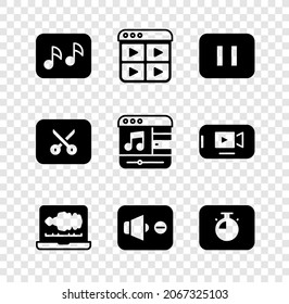 Set Music note, tone, playlist, Pause button, Sound or audio recorder, Speaker mute, Stopwatch, video editing and player icon. Vector