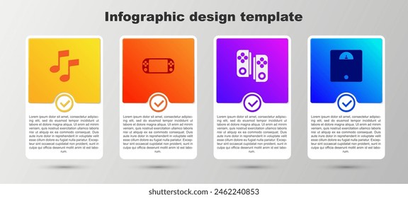 Set Music note, tone, Portable video game console, Gamepad and Bathroom scales. Business infographic template. Vector