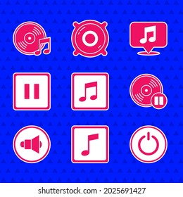 Set Music Note, Ton, Power Button, Vinyl disk, Lautsprecher Volume, Pause, Musical Sprache Blase und Symbol. Vektorgrafik